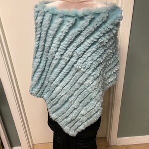 Vertigo Paris Powder Blue Rabbit Fur Trim Knit woven poncho Shawl